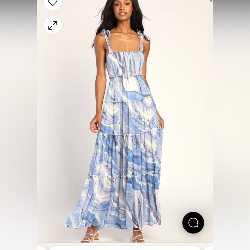 NWT Lulus Striking Swirls Blue Marbled Tiered Tie-Strap Maxi Dress size XS